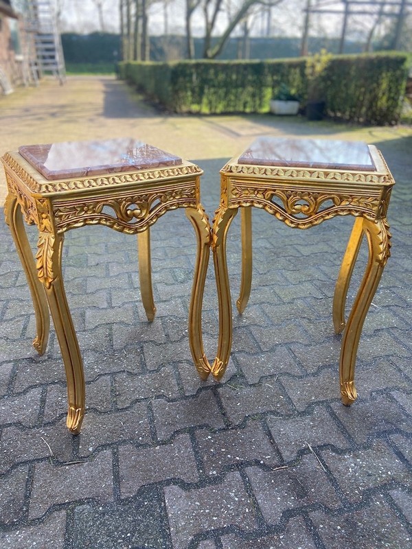 Tables French Louis XVI Gold Beech Pink Marble Side Pair Vintage 1990s
