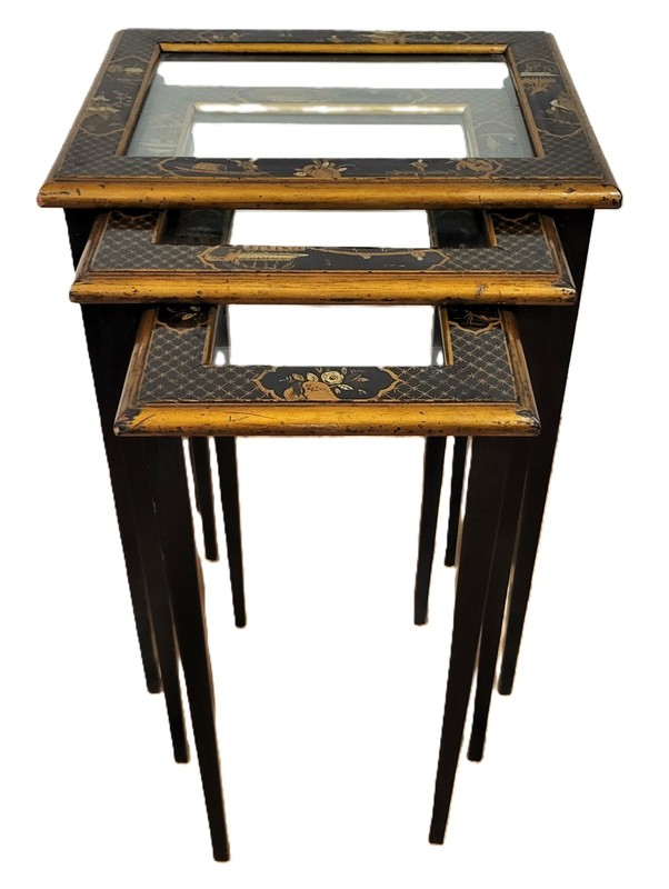 Set of 3 Vintage 20th C ENGLISH REGENCY Style CHINOISERIE Stack NESTING TABLES gallery
