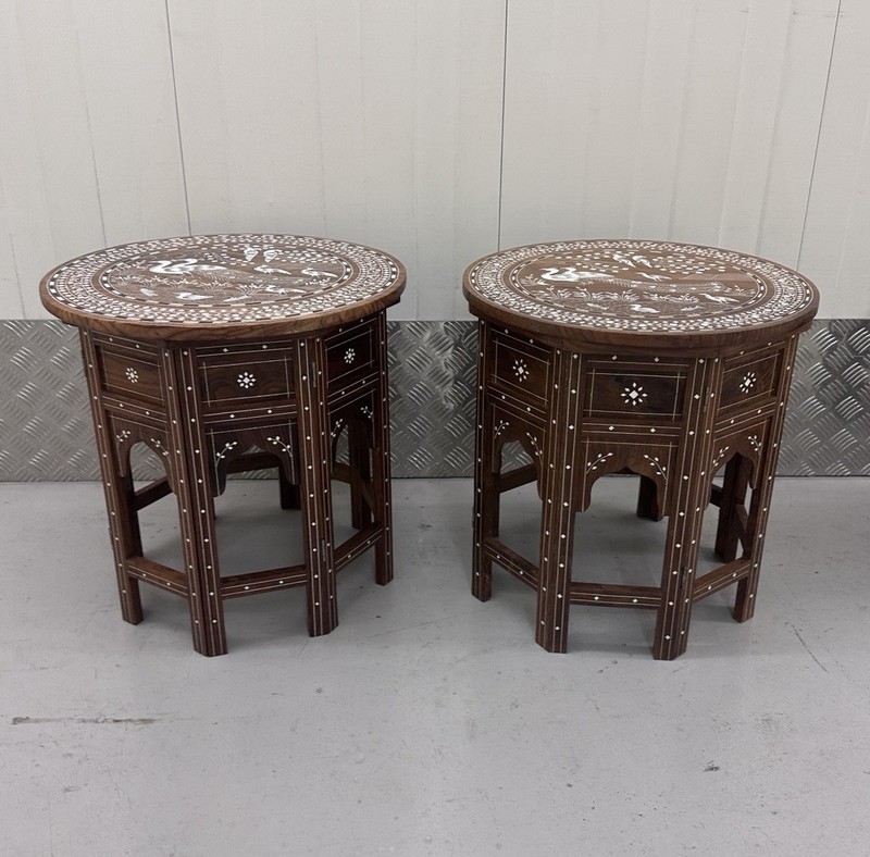 PAIR OF ANGLO INDIAN INLAID PEACOCK JUNGLE DESIGN FOLDING HOSHIARPUR TABLES gallery