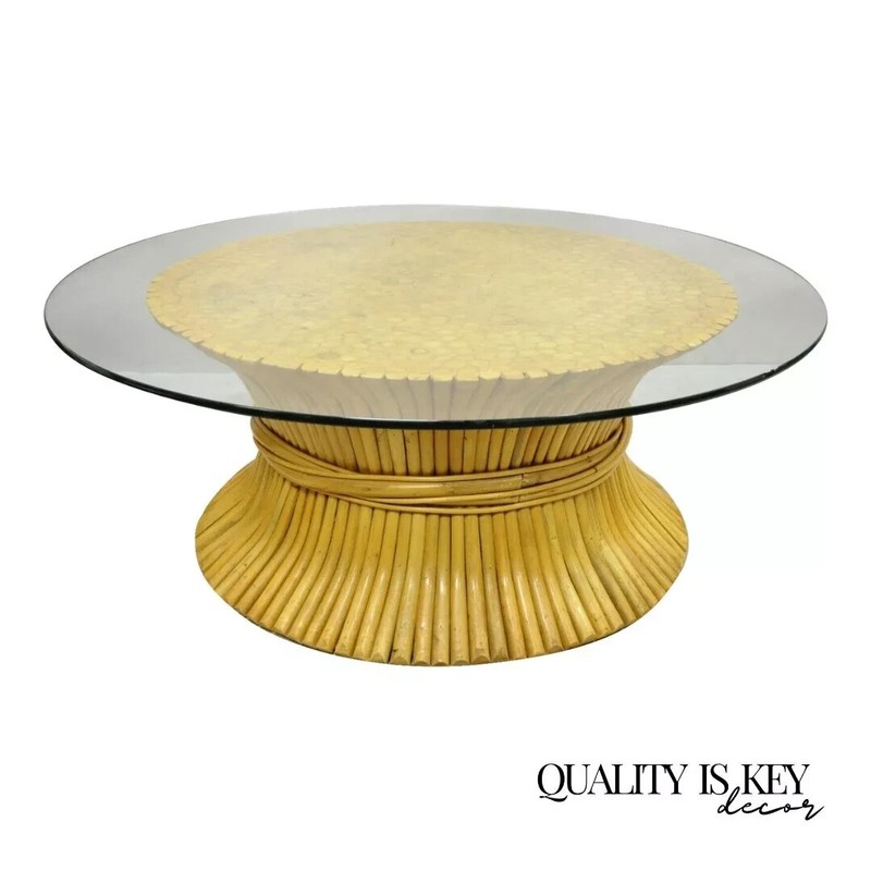 Hollywood Regency McGuire Style Sheaf of Wheat Bamboo 48″ Glass Coffee Table