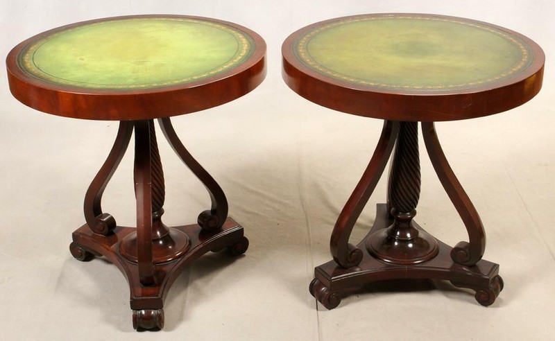 Tables, Round Tooled, Mahogany, Green Leather Top, Pair, Vintage, 1940 C!!