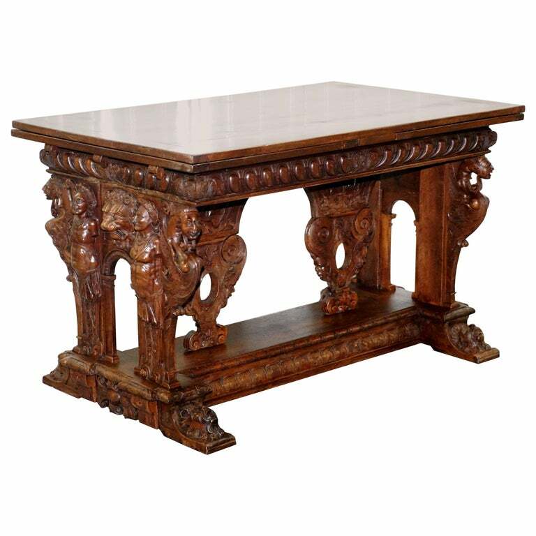 RARE 18TH CENTURY FRENCH WALNUT RENAISSANCE EXTENDING HIGH TABLE HEAVILY CARVED