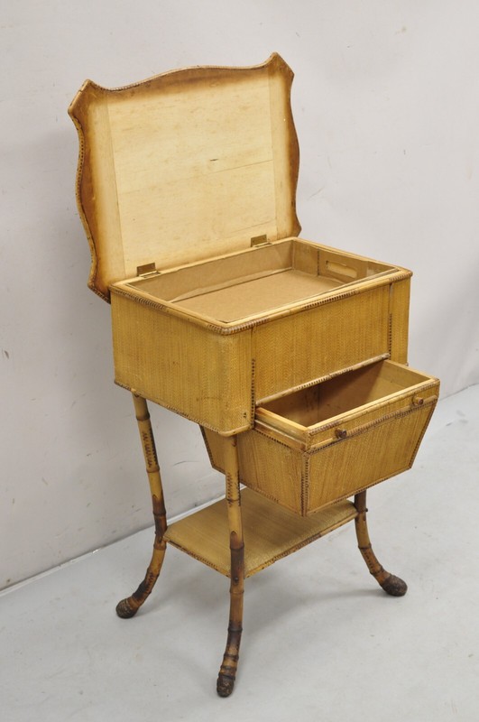 Antique English Victorian Bamboo Rattan Sewing Box Work Stand Side Table gallery