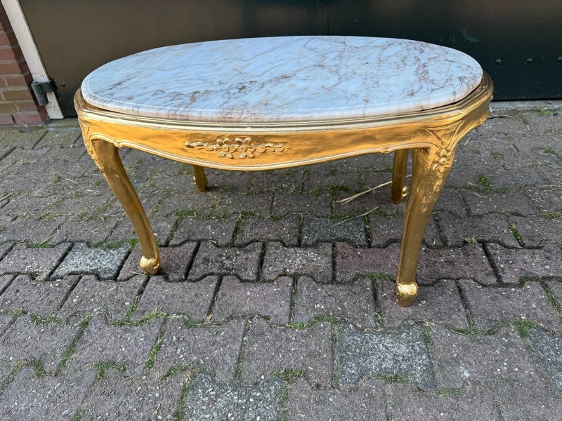 Coffee Table French Louis XVI 1940 Gold Beech Marble Gilded Cocktail Salon gallery