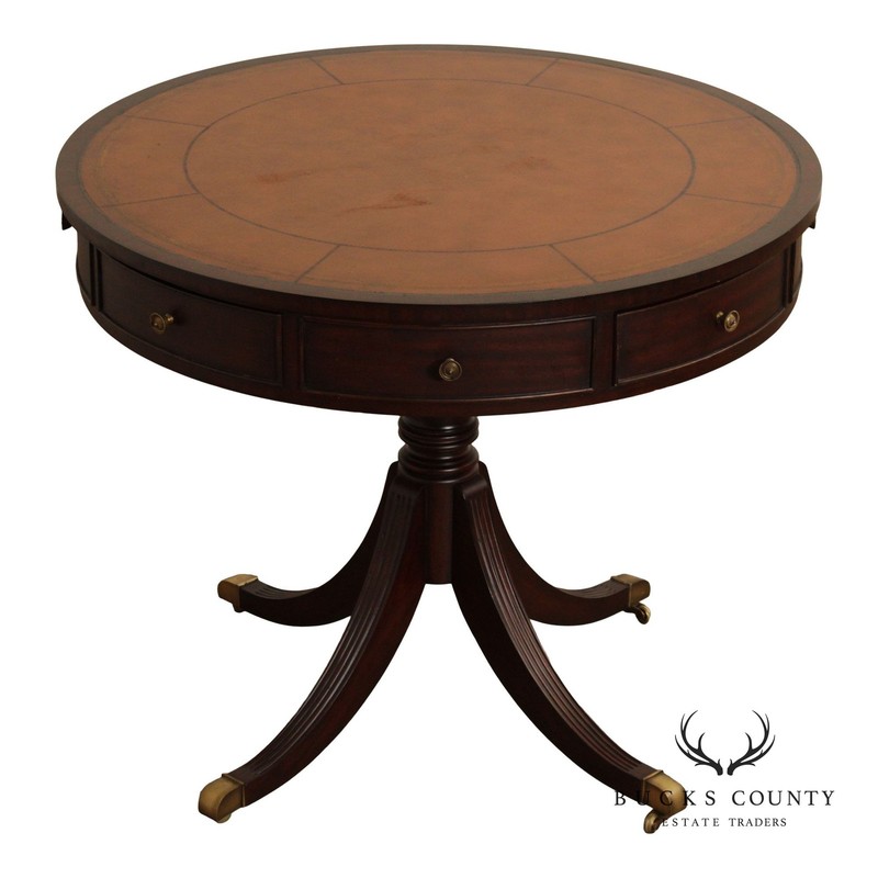 Ethan Allen Regency Style Round Leather Top Mahogany Rent Table
