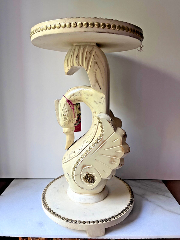 Hand carved Swan shape table wood with brass accent table 20.5” gallery