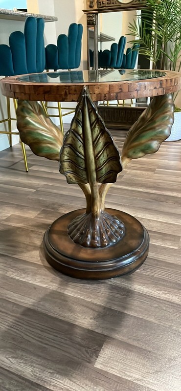 Vintage Bronze And Wood Sculpted Tropical Palm Frond Side table or Accent Piece