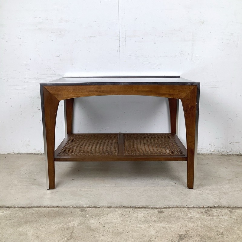 Vintage Lane Two-Tier Side Table, Smoked Glass Top, Cane Shelf