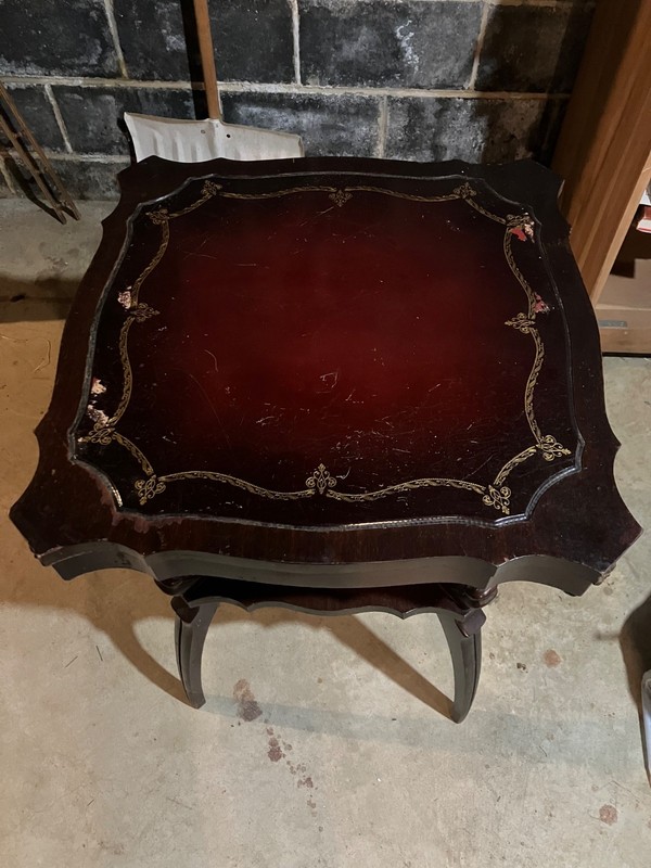 Rare Pair 1940s Mahogany Spider Leg Two Tier End Tables Gold Tooled Leather Tops