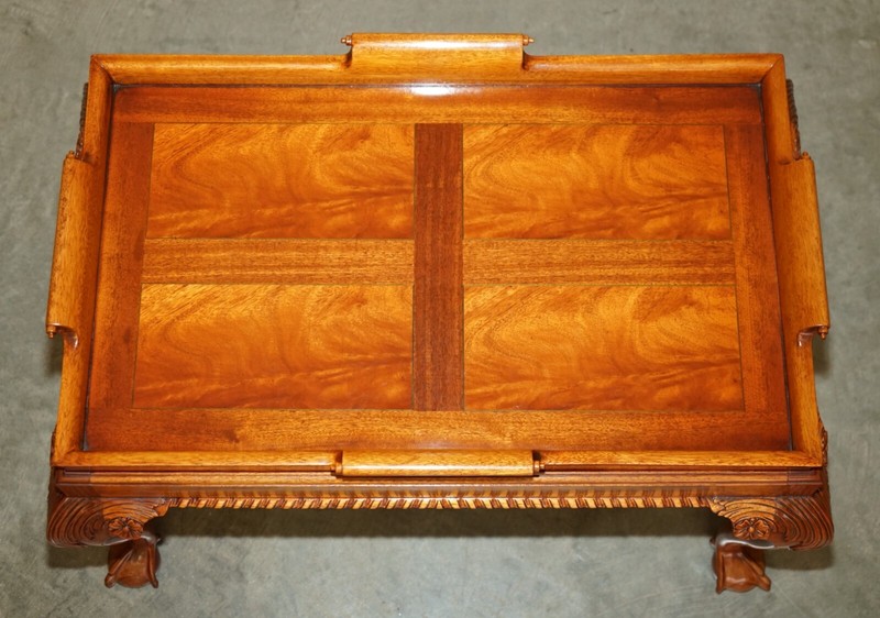 STUNNING HAND CARVED CLAW & BALL FOOT MAHOGANY COFFEE TRAY TABLE REMOVABLE TRAY gallery