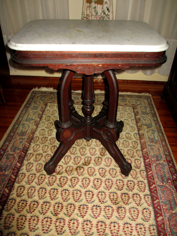 SUPERB! Antique Victorian Ornate Walnut Beveled Marble Top Parlor Table gallery