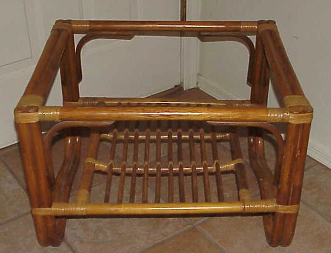 VINTAGE MID CENTURY 29" X 24" GLASS TOP BAMBOO ACCENT COFFEE TABLE W/SHELF gallery