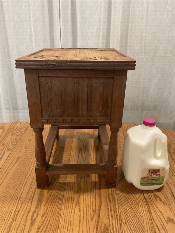 Antique Flip Top Night Stand Side Table Box Hand Carved Wood Folk Art Elephants gallery