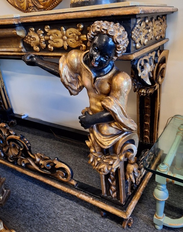 Antique Italian Hand Carved Blackamoor Gold Gilt Marble Top Console Table gallery