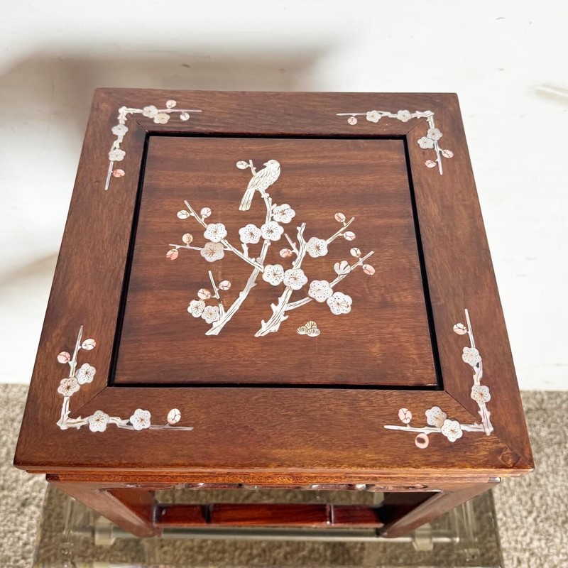 Chinese Wooden and Mother of Pearl Inlay Pedestal/Side Table gallery