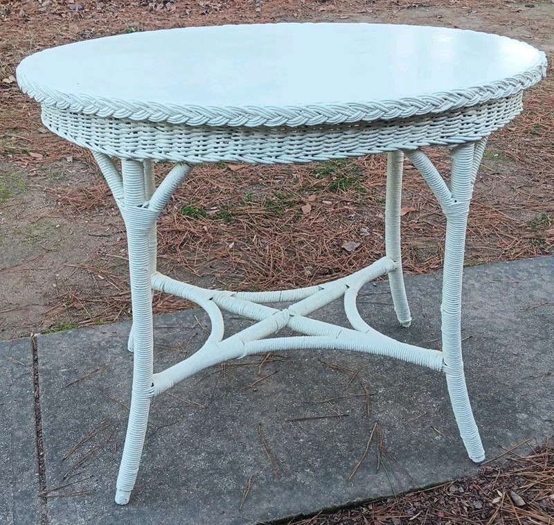 VINTAGE WICKER FIBRE OVAL PARLOR TABLE by AMERICAN CHAIR CO SHEBOYGUN WISCONSIN