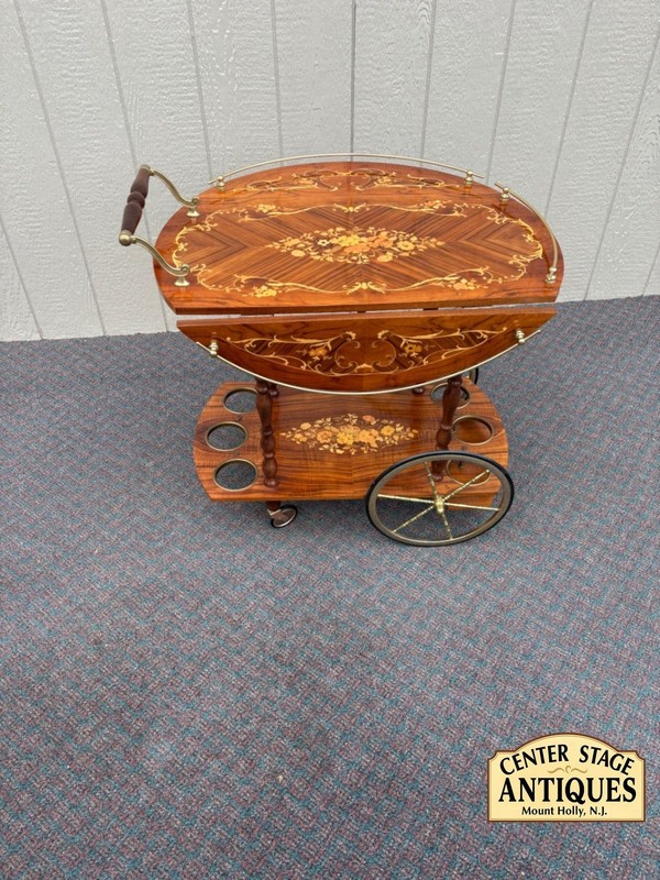 67588 Italian Inlaid Wood Tea Cart with Floral Marquetry and Brass Accents