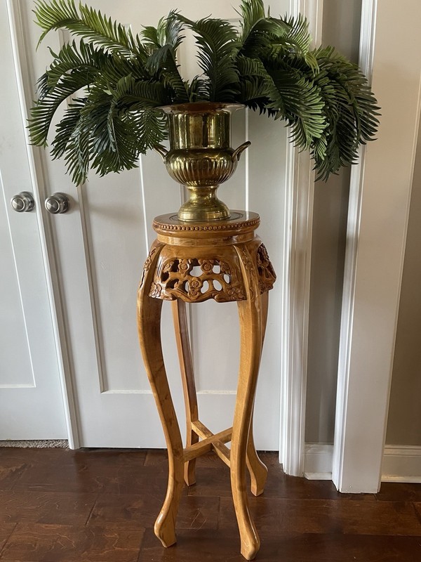 Pair Of Mid Century Chinoiserie Carved Wood Marble Top Plant Stand/Pedestal