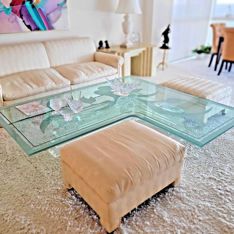Conversation Coffee Table 6+ft, Etched, beveled 1/2″ thick tempered Glass Top