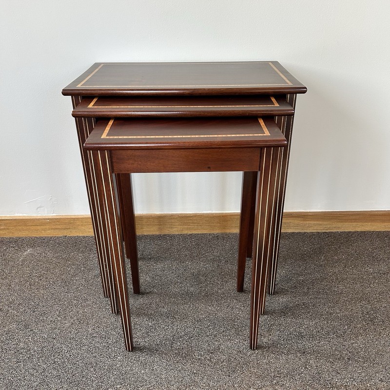 Vintage Solid Mahogany Inlaid Nesting Tables, Quality! Set Of 3 gallery