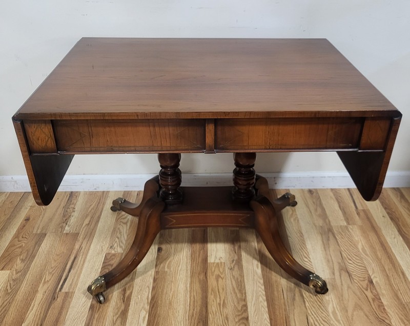 19th C ENGLISH Regency Carved & Brass Inlaid Rosewood Drop Leaf SOFA TABLE Desk gallery
