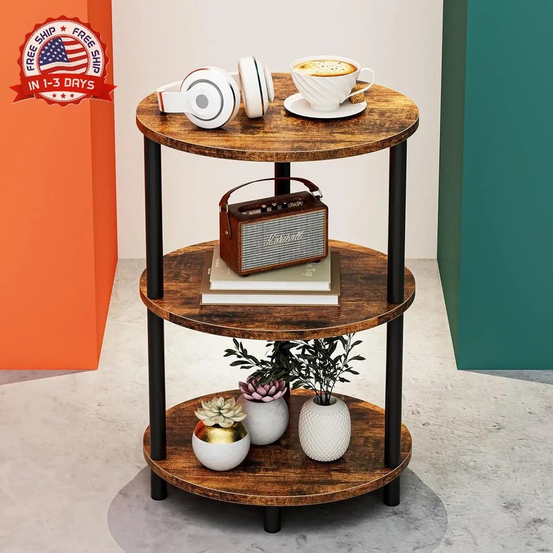 Round Small Side Table - 3 Tier Oval Accent Table for Small Spaces, Rustic Wood