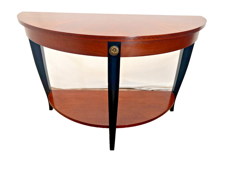 Vintage Ethan Allen Demilune Console Table Mahogany Top and Bottom Shelf