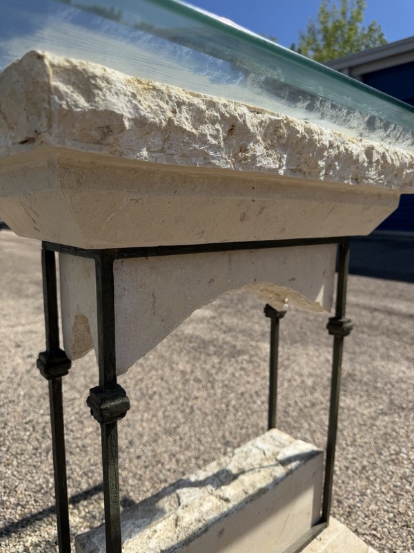 Vintage Postmodern Travertine & Glass Console Table 52” Sculptural Table gallery