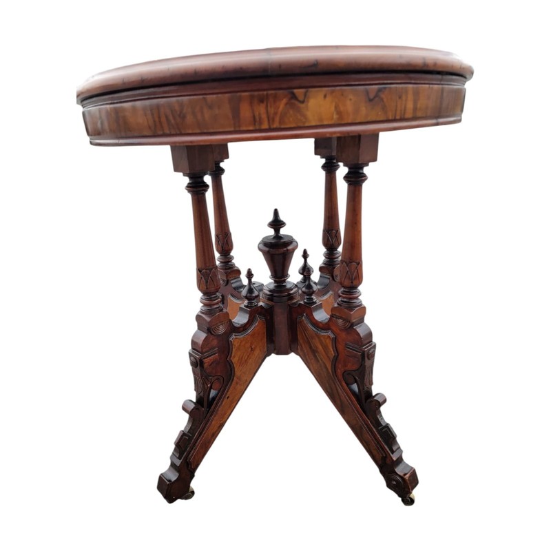 19th C American Victorian Walnut Marble Top Parlor Center Table Antique gallery