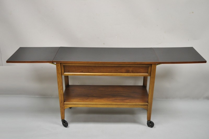 Lane Mid Century Modern Walnut Modern One Drawer Drop Leaf Rolling Bar Cart gallery