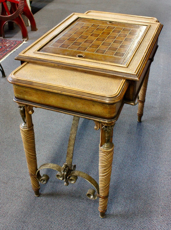 Maitland Smith GAME TABLE Checkers/Backgammon. Rattan, Leather, Wood, Metal 1990