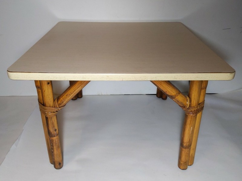 Vintage Retro Mid Century Modern Bamboo Cream Formica Top Side Table Boho Chic