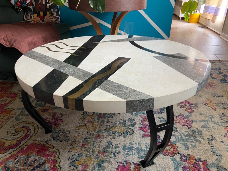 Vintage Tavola Oggetti Memphis Style Marble and Brass Inlay Coffee Table gallery