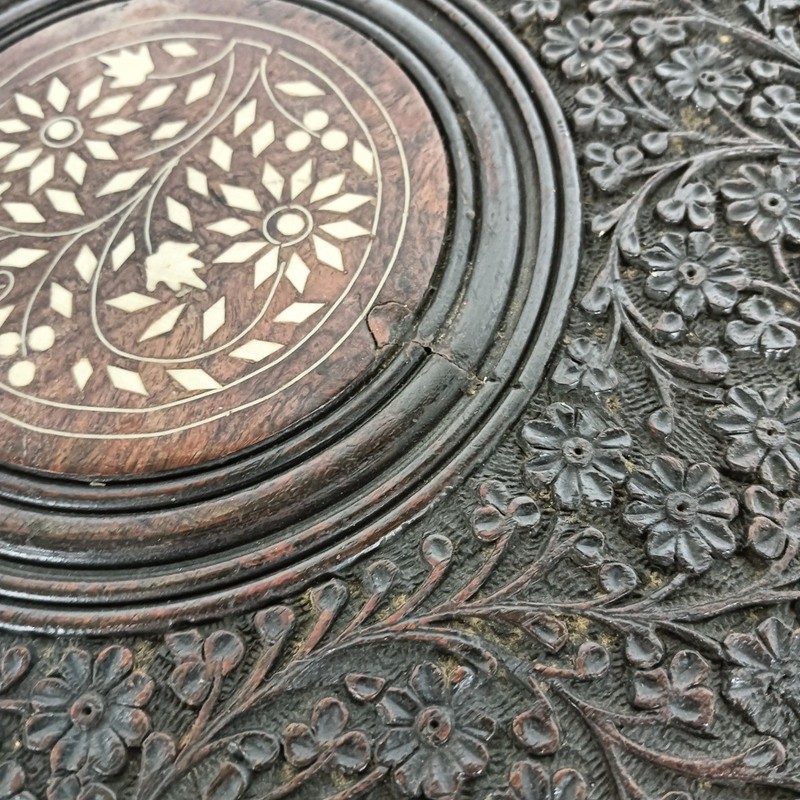 Vintage Asian Carved Foldable Wood Inlay Pedestal Side Table gallery