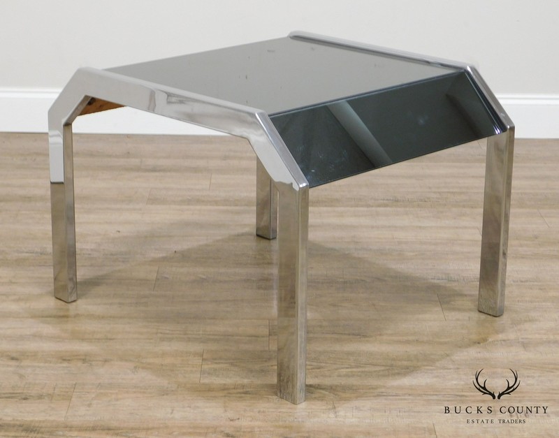 Mid Century Modern Chrome & Smoked Mirror Pair Side Tables gallery
