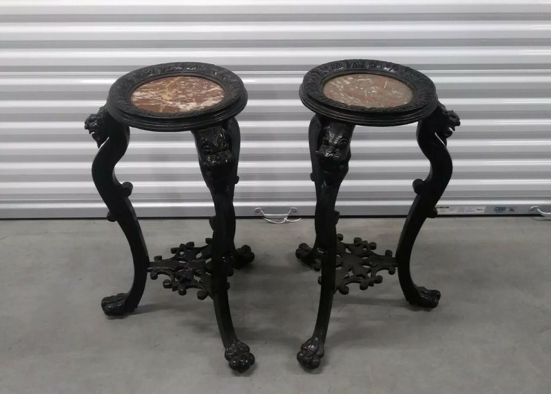 Pair of Antique Chinese Dragon Carved wood Marble Top Plant Stands Side Tables