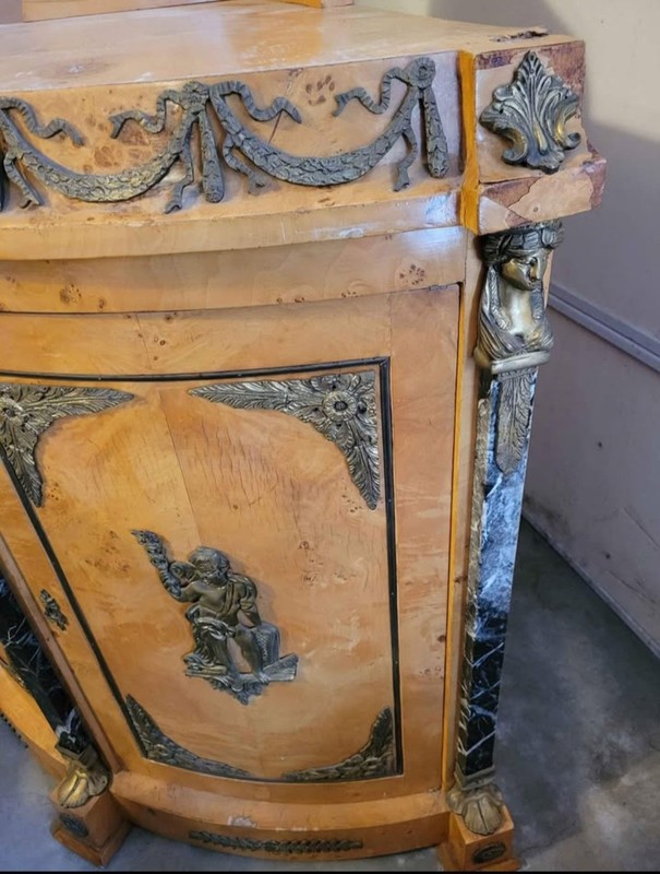 FRENCH EMPIRE REVIVAL BURR WALNUT CORNER CABINET BRONZE SPHINX MOUNTS IN MARBLE gallery