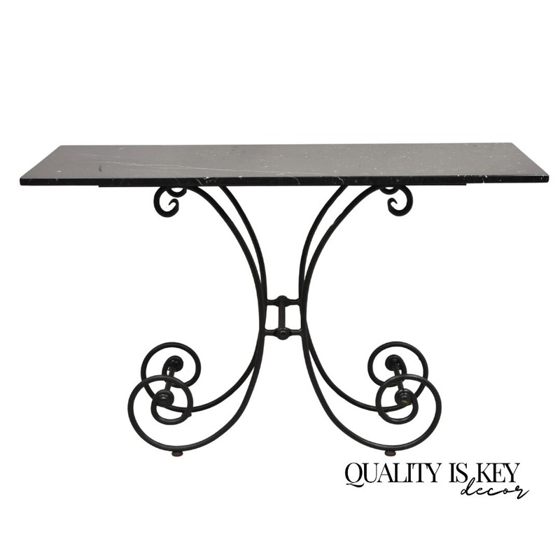 Vtg French Country Pastry Style Wrought Iron Marble Top Baker’s Console Table