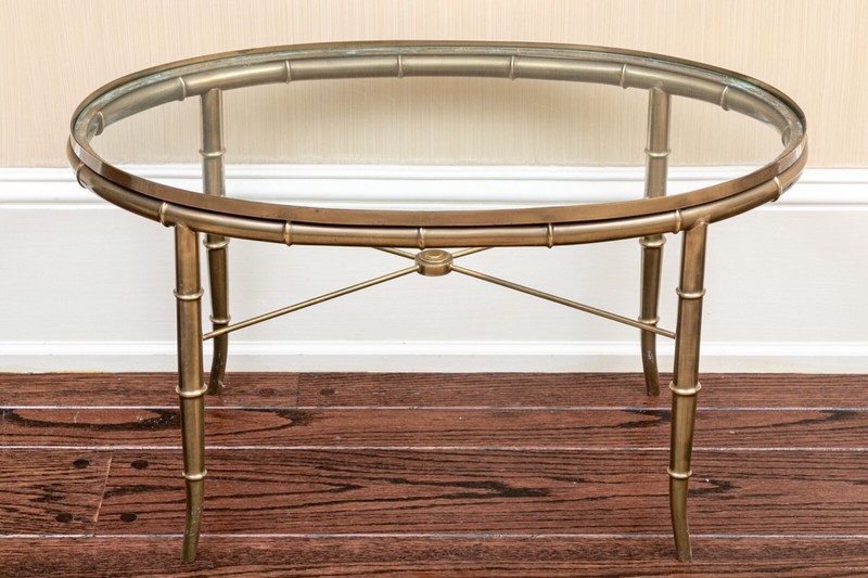 Vintage Chinoiserie Style Faux Bamboo Brass And Glass Oval Accent Table gallery