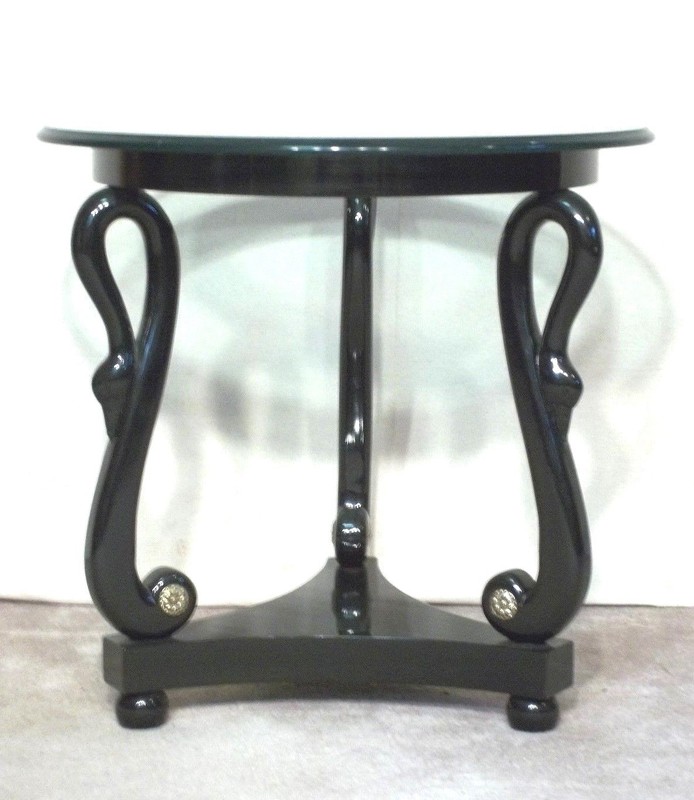 MID CENTURY MODERN CLASSICAL REGENCY BLACK LACQUER SWAN HEAD TABLE
