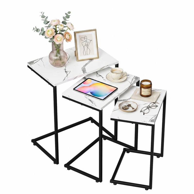 Nesting Coffee Table Set of 3 Industrial Stacking Accent End Side Tables White