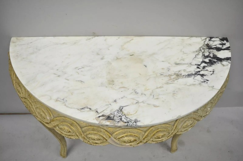 Italian Neoclassical Half Round Demilune Marble Top Ribbon Carved Console Table gallery