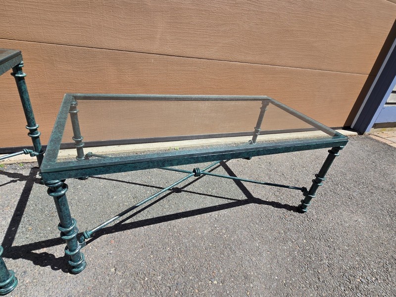 Vtg Sculptural Coffee End Tables After Giacometti Verdigris Finish Green Glass gallery