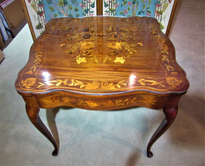 The Best 1880s RJ HORNER Marquetry Inlaid Parlor/ Center Table w/ Puttis & Birds