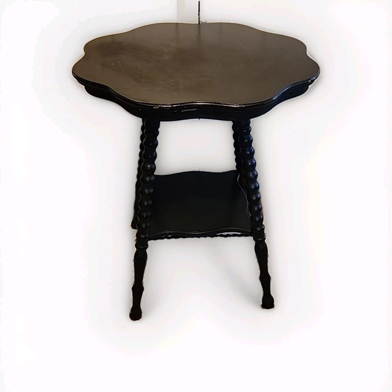 Antique Side Accent Table Turned Bead Leg Wood – Round Scallop Top Painted Black
