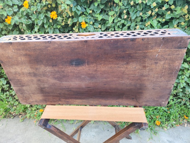 Vintage Wooden Butler Tray Table Folding Stand Pierced Gallery Brass Corners gallery