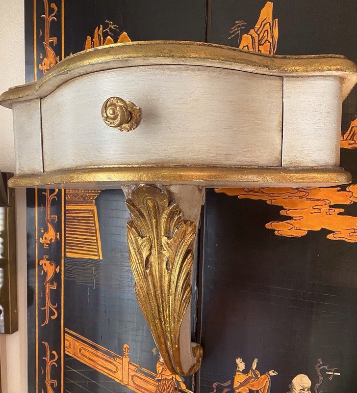 Vintage Italy Hollywood Regency Wall Mount Shelf Demilune Table Gold leaf