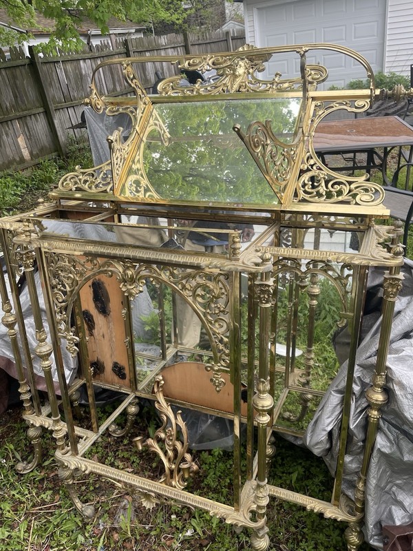 Victorian Antique Brass Console Table with Mirror, Carvings, Glass Shelves gallery