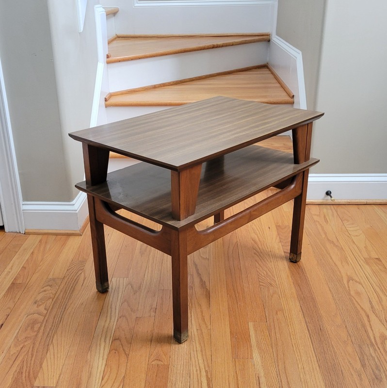 Vintage MCM Two Tiered Side/End Table Walnut Base Formica/Laminate Tops Unique! gallery