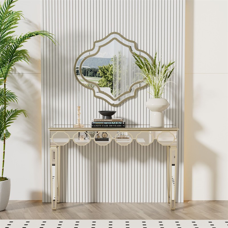 1.2m Ultra Long Mirrored Console Table Gold Rim Lantern Pattern Entryway Table gallery